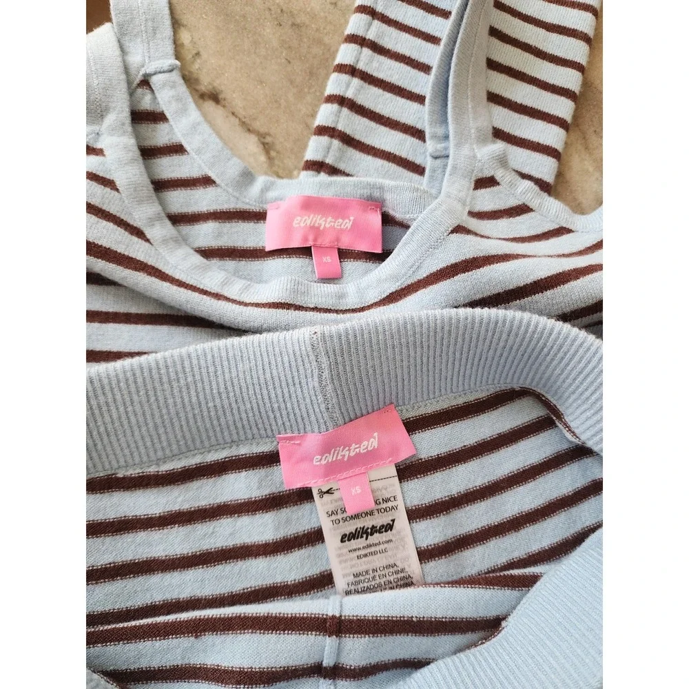 Edikted Women Blue Brown Striped 3 Piece Knit Set Cardigan Tank Shorts XS S